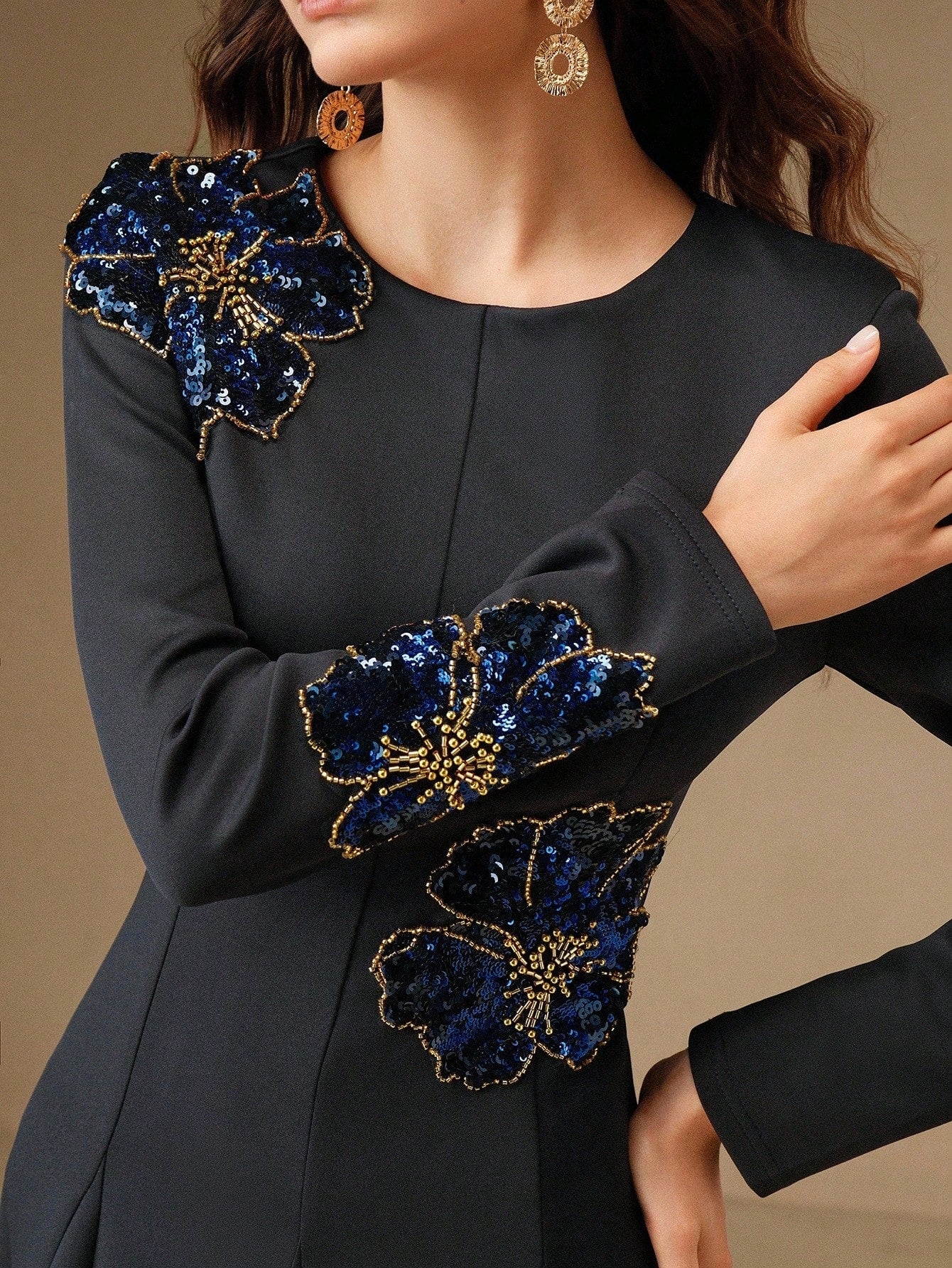 CM-DS316466 Women Elegant Seoul Style Round Neck Long Sleeve High Waist Beaded Floral Pattern Dress - Blue