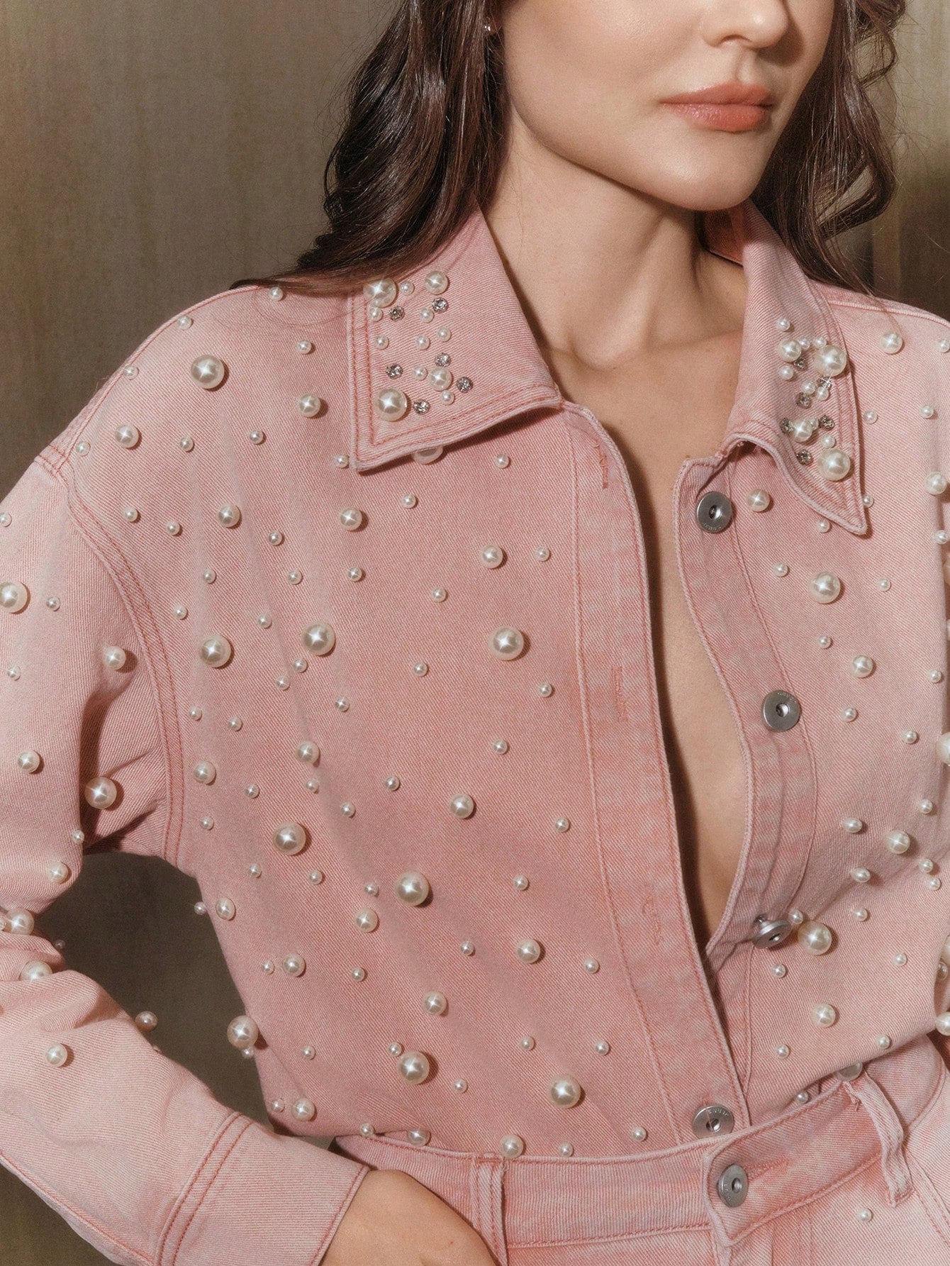 CM-CS317994 Women Elegant Seoul Style Collar Neckline Long Sleeve Rhinestone Embellished Long Denim Jacket - Baby Pink