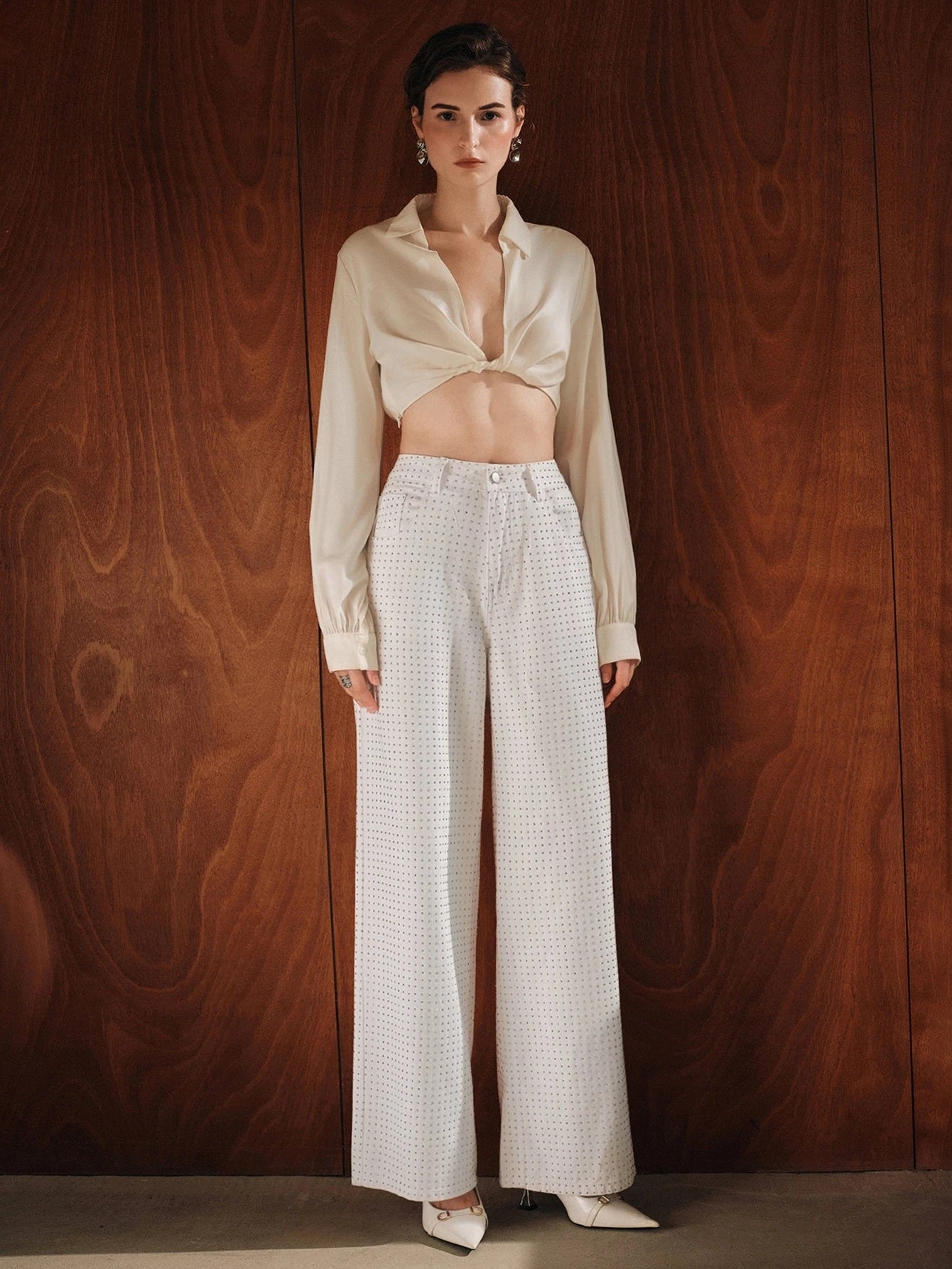 CM-BS873557 Women Elegant Seoul Style Mid Waist Embellished Sparkling Rhinestone Straight Leg Pants - White