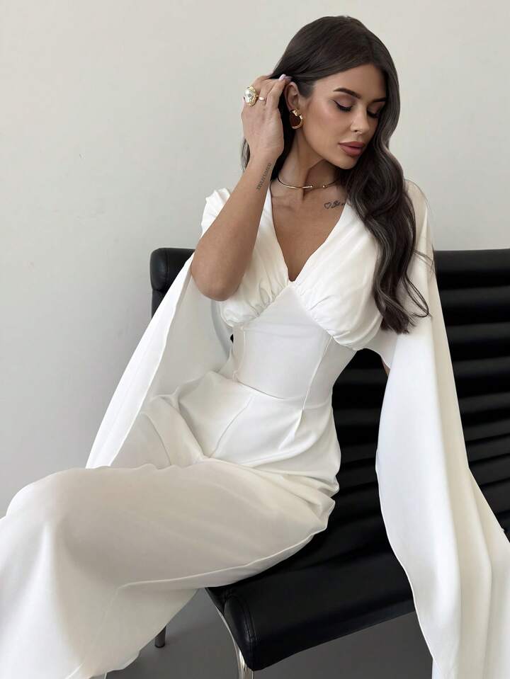 CM-JS484041 Women Elegant Seoul Style V-Neck Cape Extra Long Sleeves Waist Tie A-Line Wide Leg Jumpsuit - White