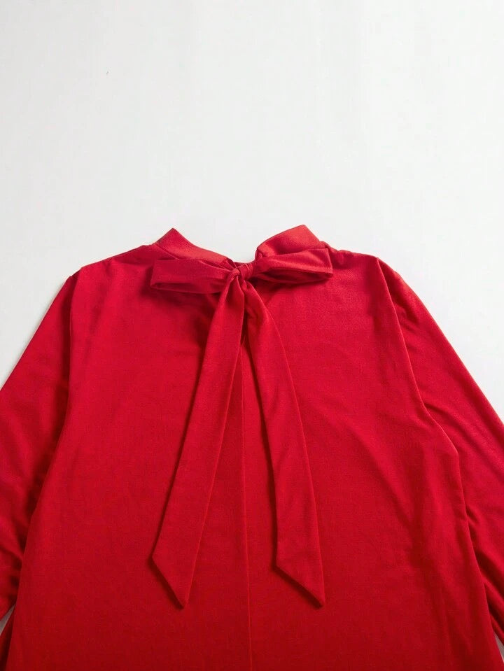 CM-DS107016 Women Elegant Seoul Style High Collar Long Sleeve Mid-Length Dress - Red