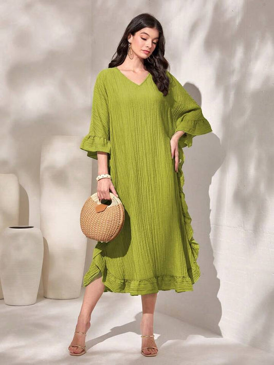 CM-DS823135 Women Casual Seoul Style V-Neck Solid Color Ruffle Hem Swing Dress - Green