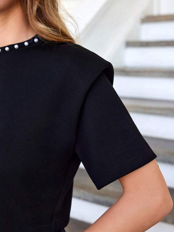 CM-TS233539 Women Casual Seoul Style Beaded Round Neck Short Sleeve T-Shirt - Black