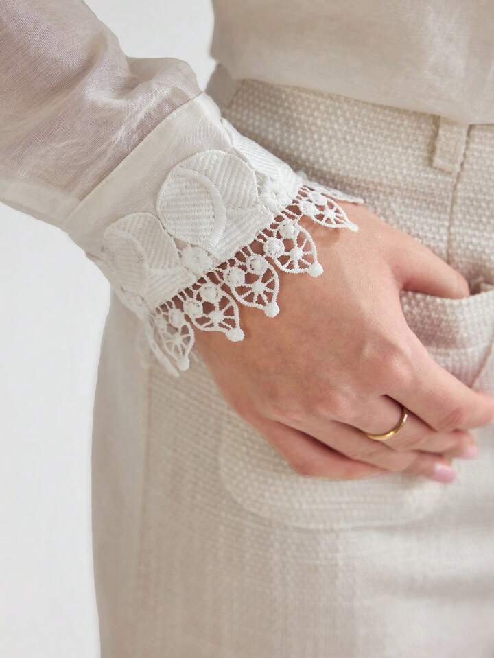 CM-TS697741 Women Elegant Seoul Style Collar Neckline Guipure Lace Trim Button Front Shirt - White