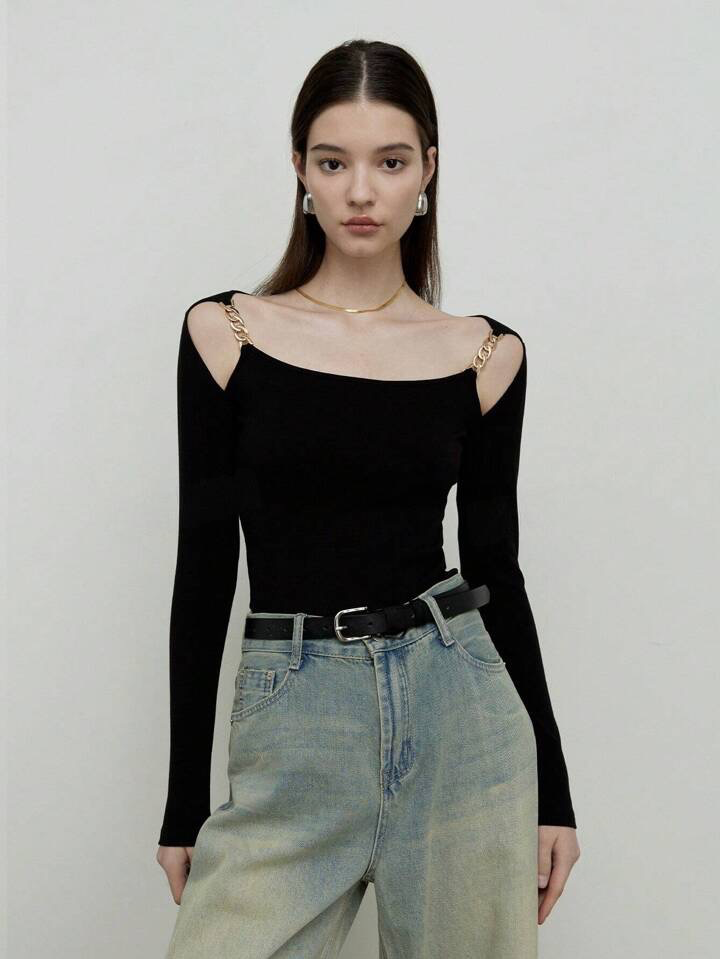 CM-TS175782 Women Casual Seoul Style Chain Strap Off-The-Shoulder Knitted Long-Sleeved T-Shirt