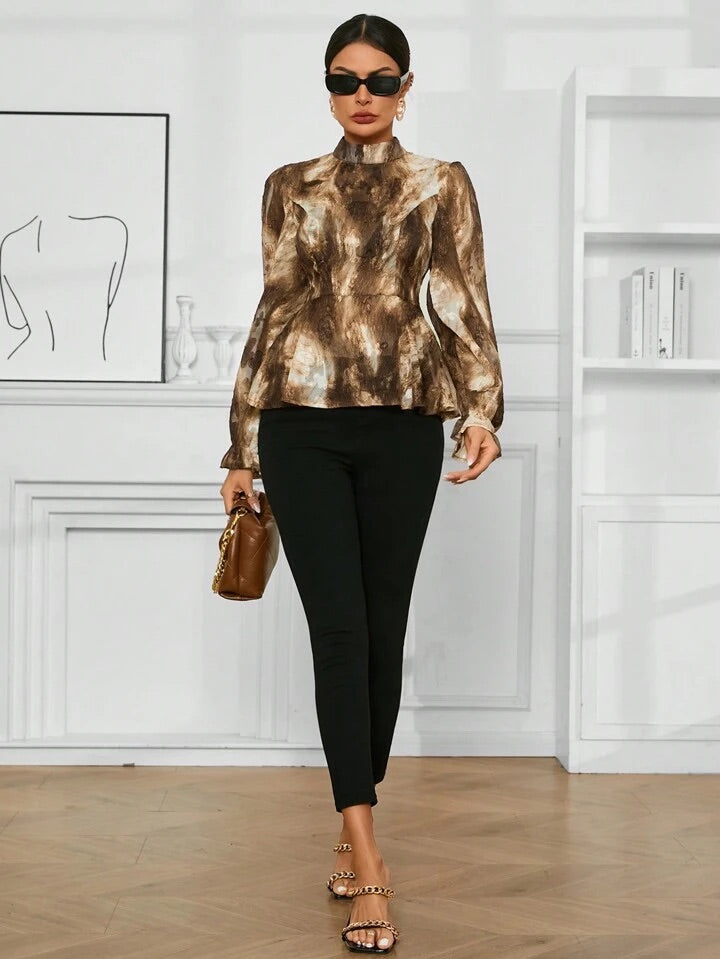 CM-TS980297 Women Elegant Seoul Style Tie Dye Stand Collar Long Sleeve Blouse