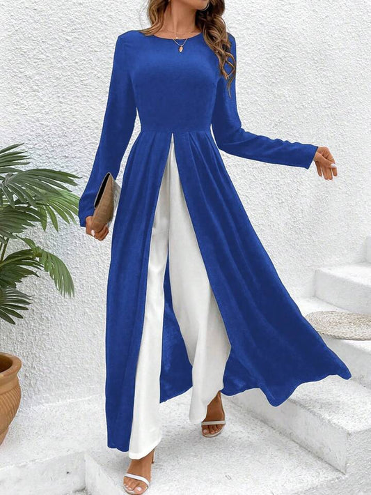 CM-SS007337 Women Casual Seoul Style Round Neck Slit Pleated Long Top With Straight Pants - Royal Blue