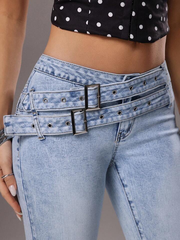 CM-BS561951 Women Casual Seoul Style Light Wash Decorative Belt Low Waist Flare Jeans