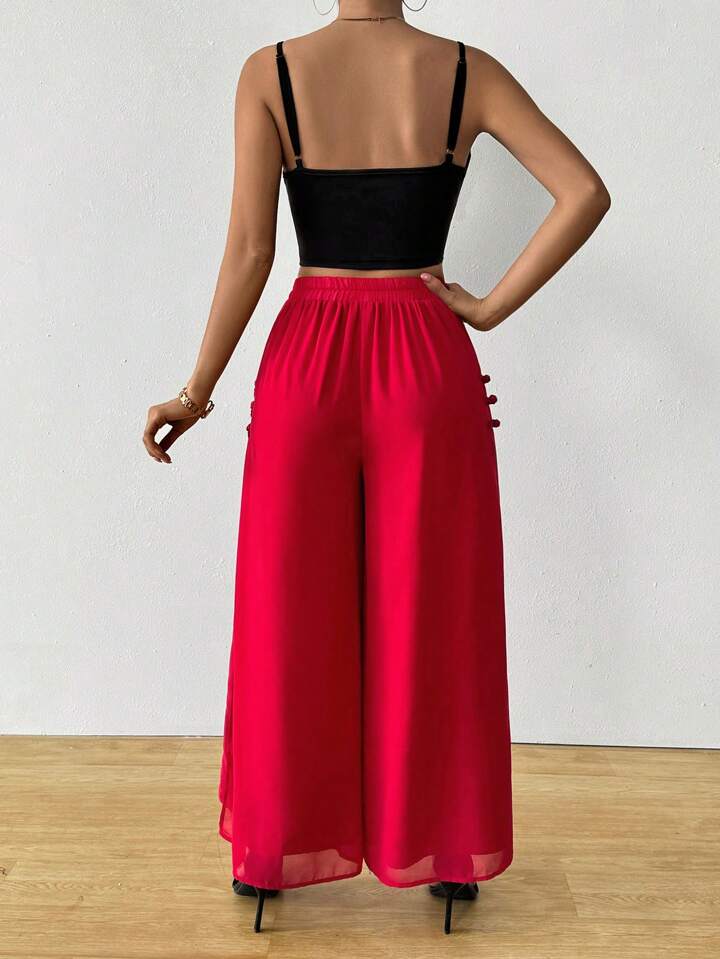 CM-BS947715 Women Casual Seoul Style Elastic Waist Flowy Chiffon Split Wide Leg Pants - Red