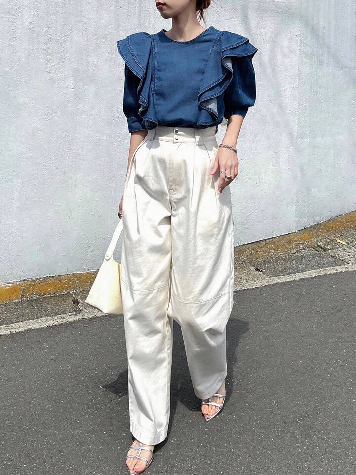 CM-TS697697 Women Casual Seoul Style Dark Wash Tie Neck Puff Sleeve Ruffle Trim Denim Blouse
