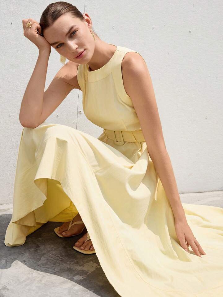 CM-DS531672 Women Elegant Seoul Style Round Neck Cinched Waist Asymmetrical Flare Hem Sleeveless Dress