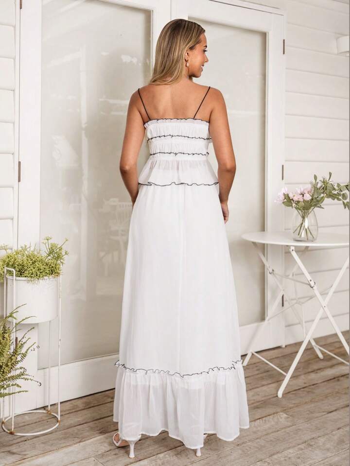 CM-BS470009 Women Trendy Bohemian Style High Waist Colorblock Frill Loose Skirt - White