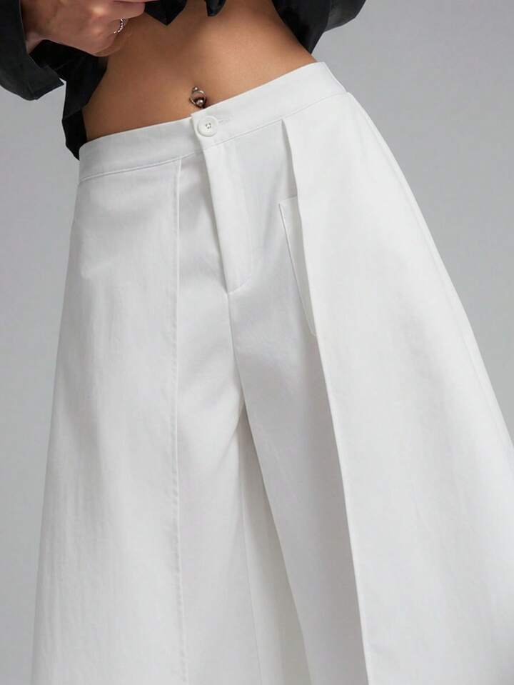 CM-BS113288 Women Casual Seoul Style Mid Waist Solid Color Loose Fit Wide Leg Pants - White