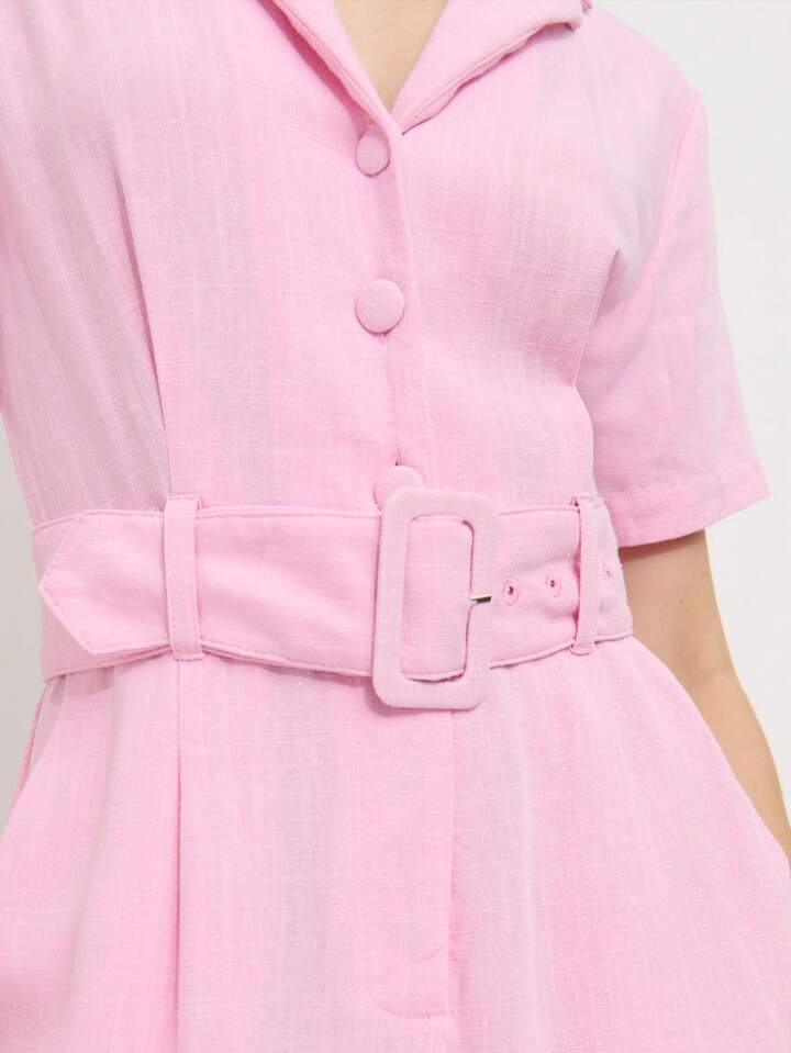 CM-JS182053 Women Casual Seoul Style Collar Neckline Button Front Short-Sleeve Belted Romper - Pink