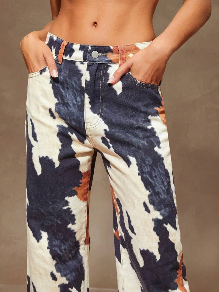 CM-BS851046 Women Casual Seoul Style Low Rise Baggy Printed Dual Pocket Straight Leg Loose Denim Jeans