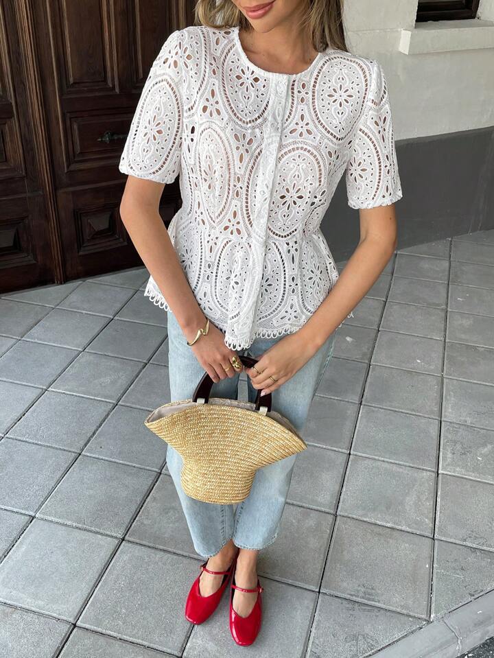 CM-TS522140 Women Casual Seoul Style Hollow Embroidered Floral Cropped Short Sleeve Top - White