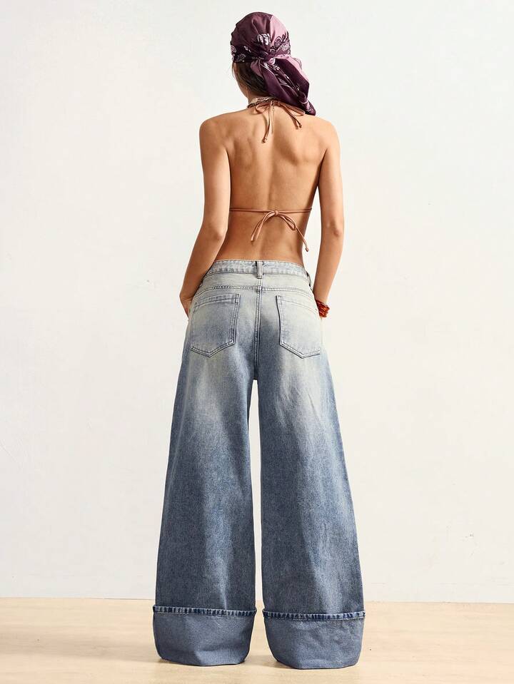 CM-BS472211 Women Casual Seoul Style Medium Wash Color-Blocked Embroidered Loose Fit Denim Jeans