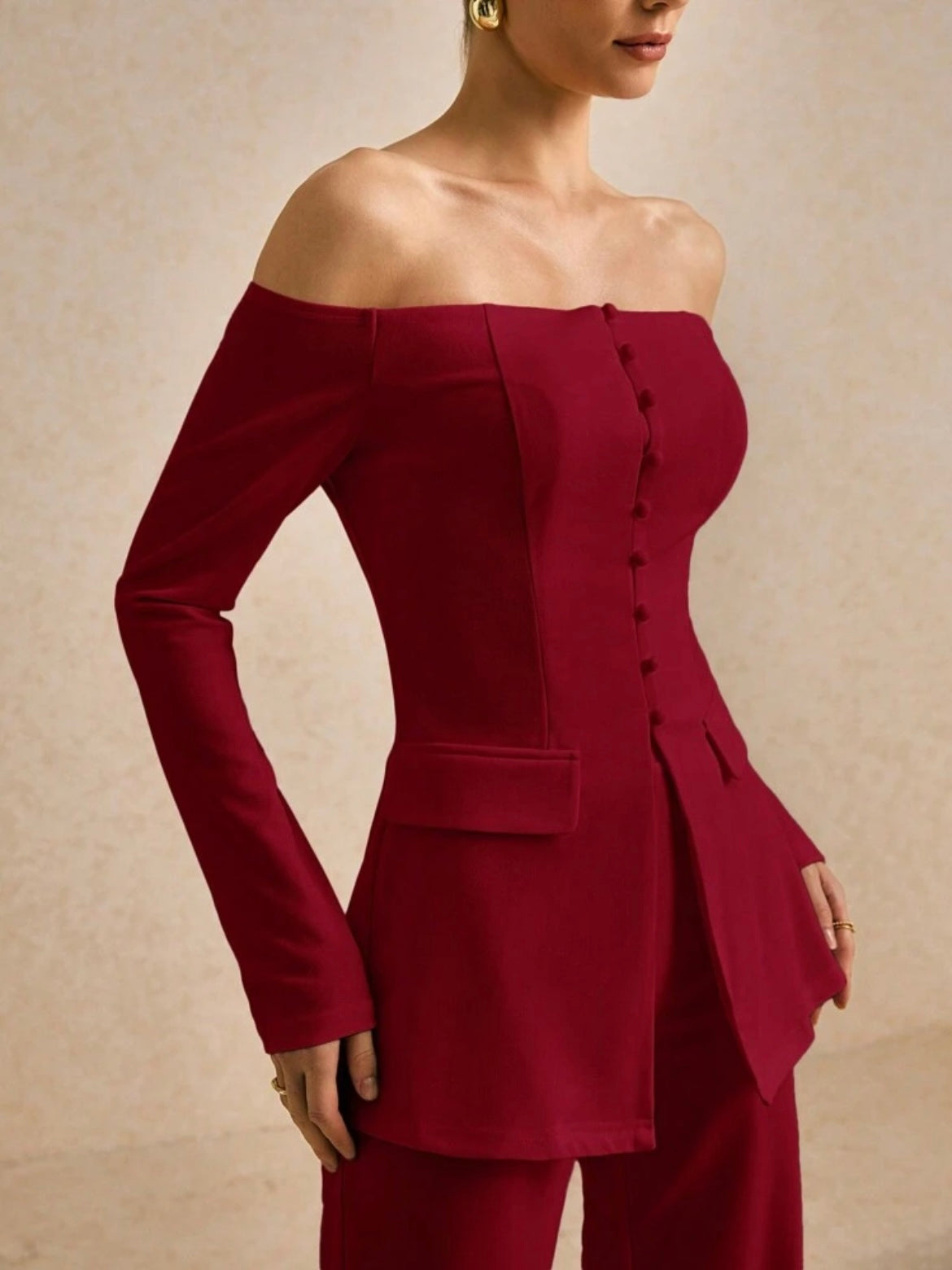 CM-SS302674 Women Elegant Seoul Style Solid Color Off Shoulder Long Sleeve Single Breasted Blazer With Pants - Set