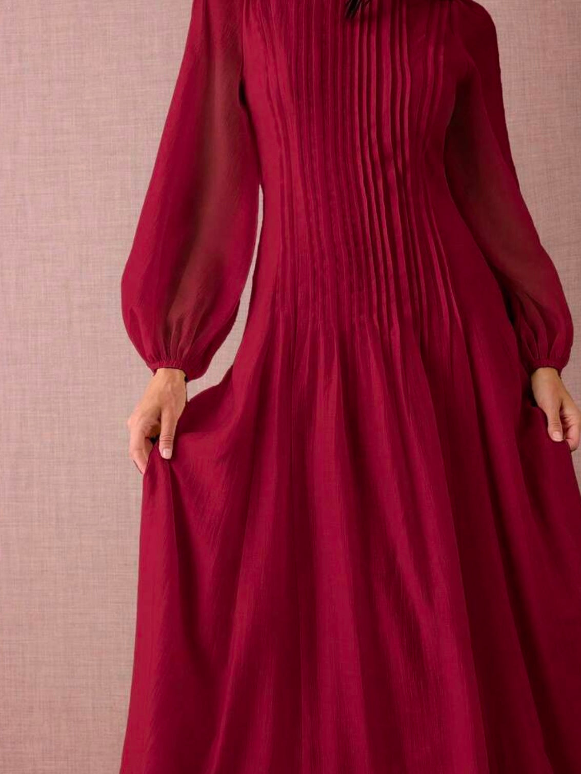 CM-DS919801 Women Elegant Seoul Style Round Neck Lantern Sleeve Pleated Design A-Line Maxi Dress - Burgundy