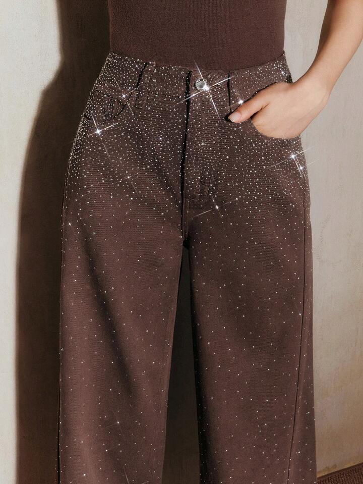 CM-BS242333 Women Elegant Seoul Style Mid Waist Baggy Flared Leg Pants - Brown