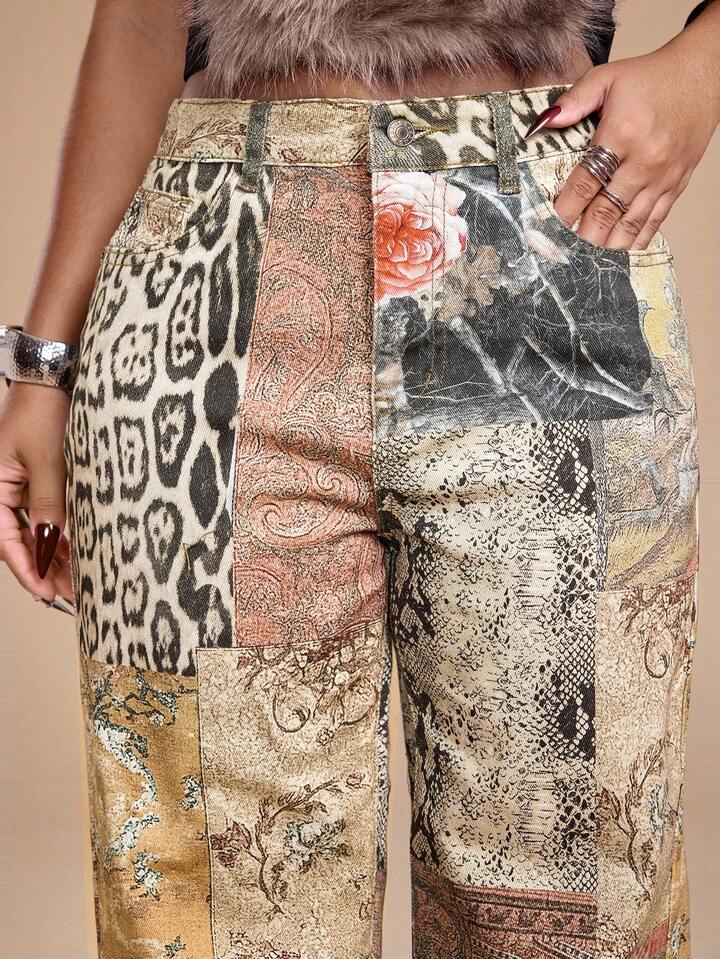 CM-BS879937 Women Casual Seoul Style Hippie Pattern Slim Straight Leg Ultra Low Waist Jeans