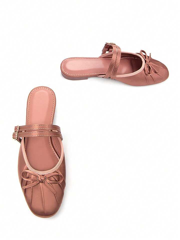 CM-SHS666431 Women Trendy Seoul Style Thin Strap Buckle Bow Satin Square Toe Slip-On Ballet Flats - Rose Gold