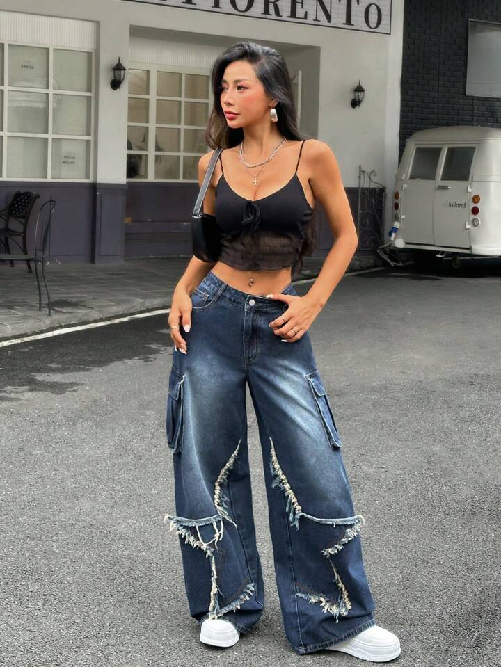 CM-BS669664 Women Casual Seoul Style Dark Wash Star Patch Loose Fit Wide Leg Jeans