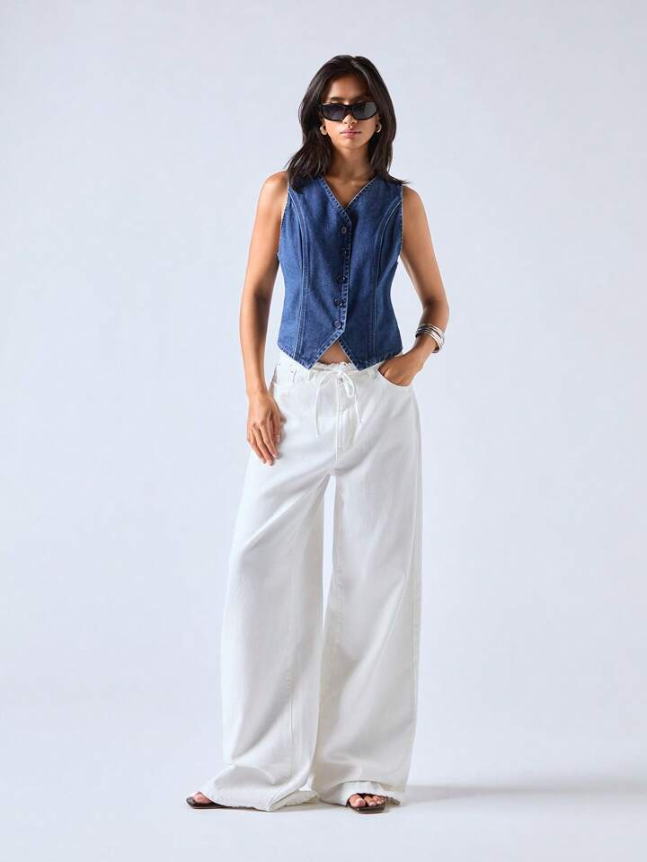 CM-BS838863 Women Casual Seoul Style Solid Color High Waist Frayed Hem Loose Wide Leg Jeans - White