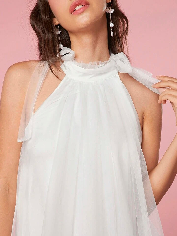 CM-DS020664 Women Elegant Seoul Style Multi-Layered Mesh Halter Neck Dress - White