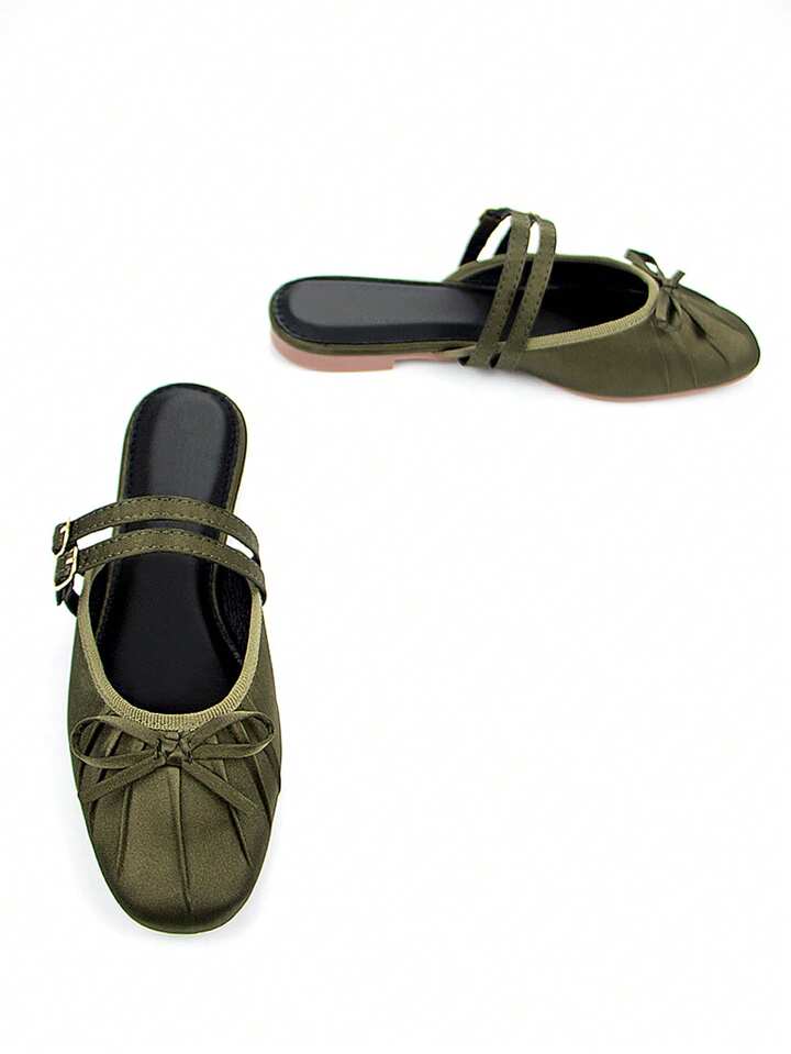 CM-SHS411144 Women Trendy Seoul Style Thin Strap Buckle Bow Satin Square Toe Slip-On Ballet Flats - Army Green
