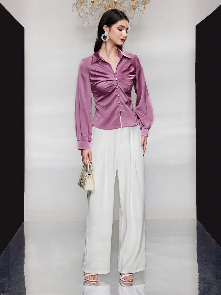 CM-TS958950 Women Casual Seoul Style Solid Color Button Detail Pleated Shirt - Mauve Purple