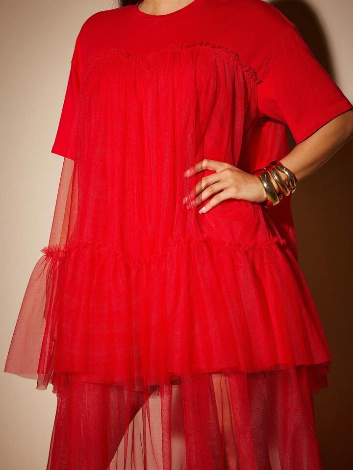 CM-DS209036 Women Elegant Seoul Style Round Neck Short Sleeve Contrast Mesh Tulle Tiered Maxi Dress - Red