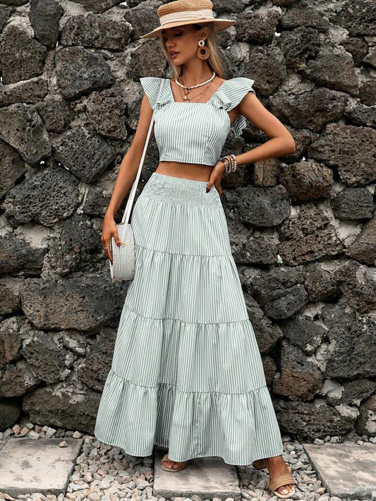 CM-SS125262 Women Trendy Bohemian Style Stripe Square Neckline Short Sleeve Top With Ruffle Hem Half Skirt - Set