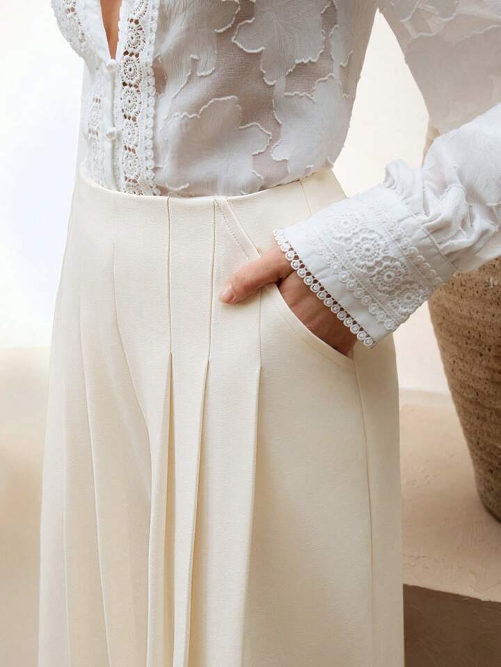 CM-BS395326 Women Elegant Seoul Style Solid Color Slimming Double Pleated Wide Leg Pants - Apricot