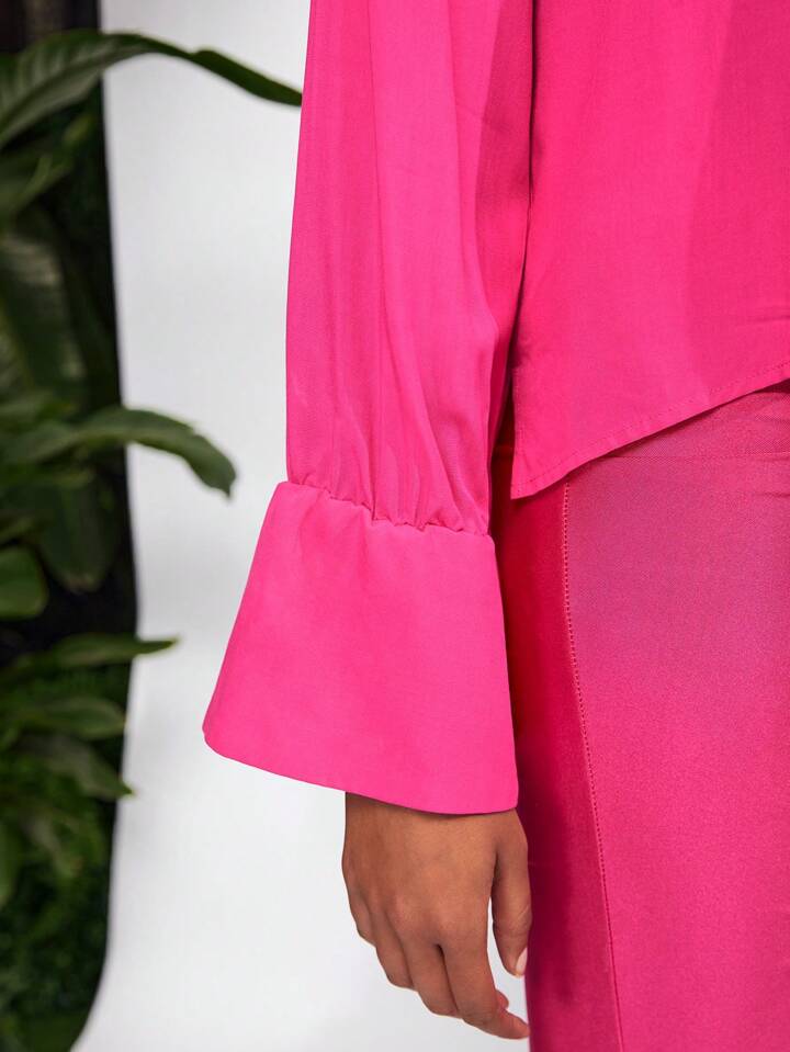 CM-TS251022 Women Casual Seoul Style Stand Collar Loose Irregular Hem Shirt - Hot Pink