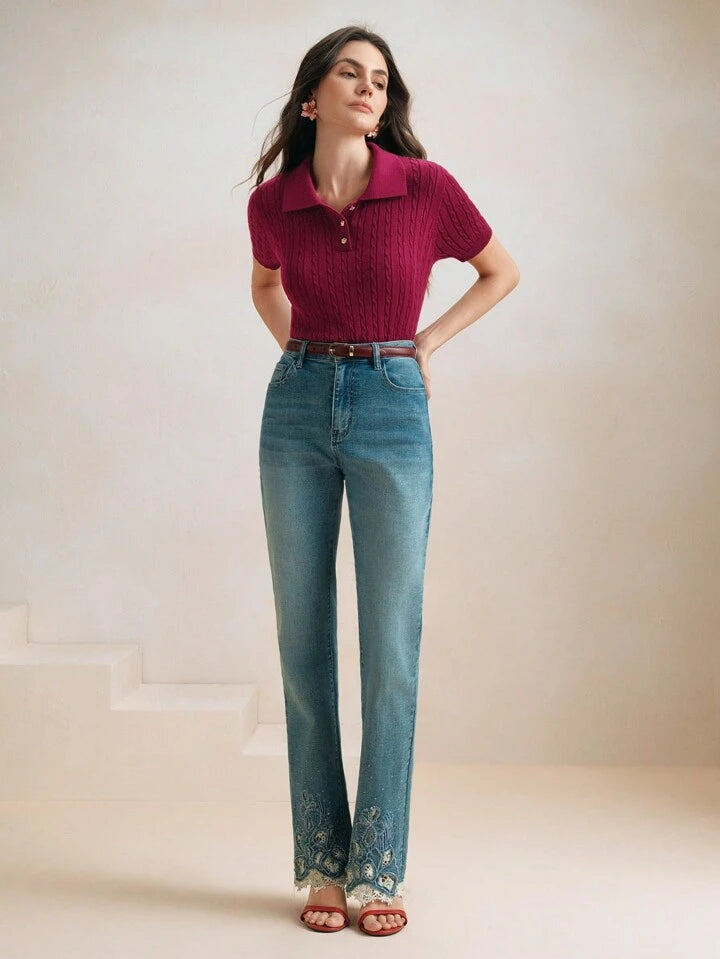 CM-TS647963 Women Casual Seoul Style Polo Collar Short Sleeve Cable Knit Solid Color Top - Burgundy
