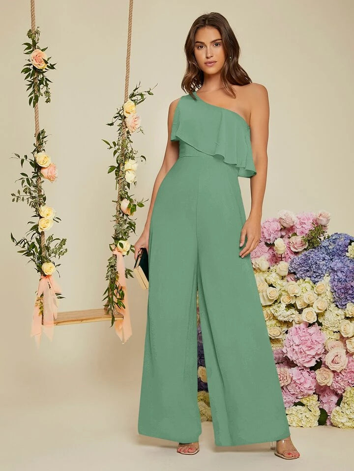 CM-JS161822 Women Elegant Seoul Style One Shoulder Ruffle Trim Wide Leg Jumpsuit - Mint Green