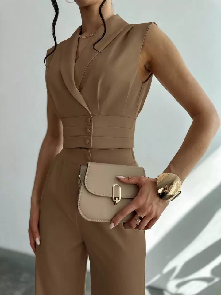 CM-SS414741 Women Elegant Seoul Style Collared Fitted Cap Sleeve Shirt With Straight-Leg Pants Suit - Camel