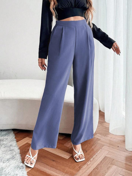 CM-BS124030 Women Casual Seoul Style Pleated Chiffon Straight Pants With Pockets - Blue