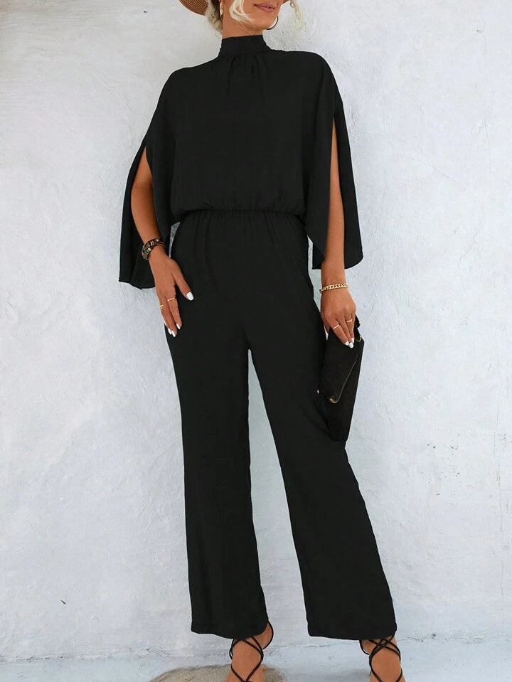 CM-JS121816 Women Trendy Bohemian Style Stand Collar Tie Back Split Sleeves Jumpsuit - Black