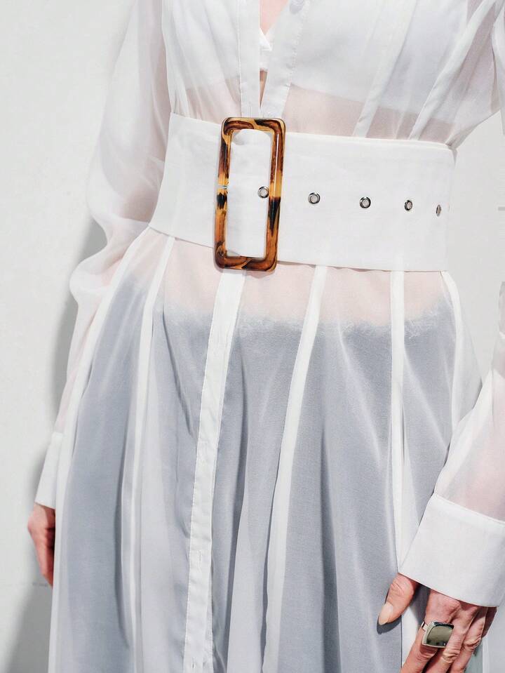 CM-DS108757 Women Elegant Seoul Style Collar Chiffon Sleeve Wide Waistband Buckle Flowing Sheer Shirt Dress