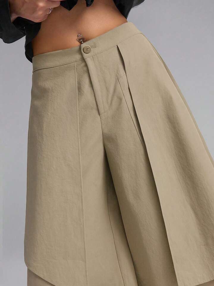 CM-BS133321 Women Casual Seoul Style Mid Waist Solid Color Loose Fit Wide Leg Pants - Khaki