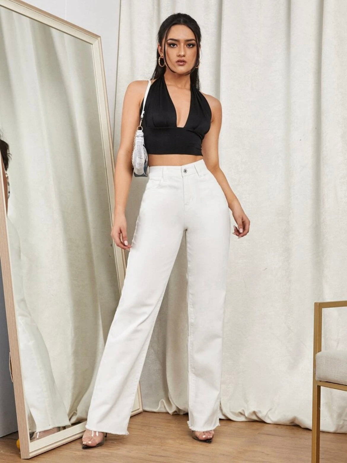 CM-BS310035 Women Casual Seoul Style High Waist Raw Hem Straight Leg Jeans - White