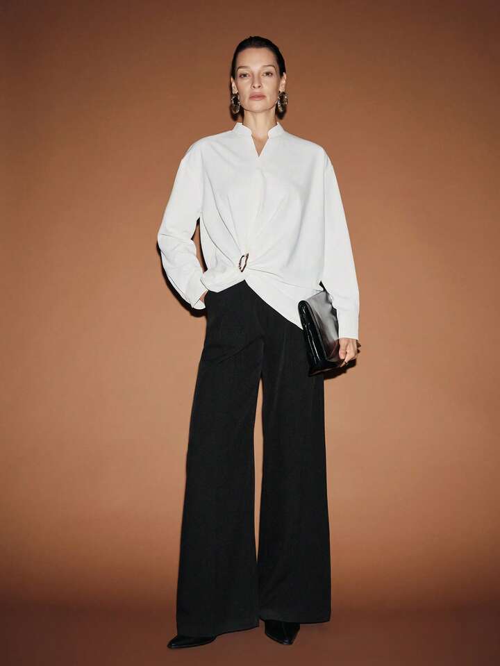 CM-TS859998 Women Casual Seoul Style Deep V-Neck Twist Design Long Sleeve Blouse - White