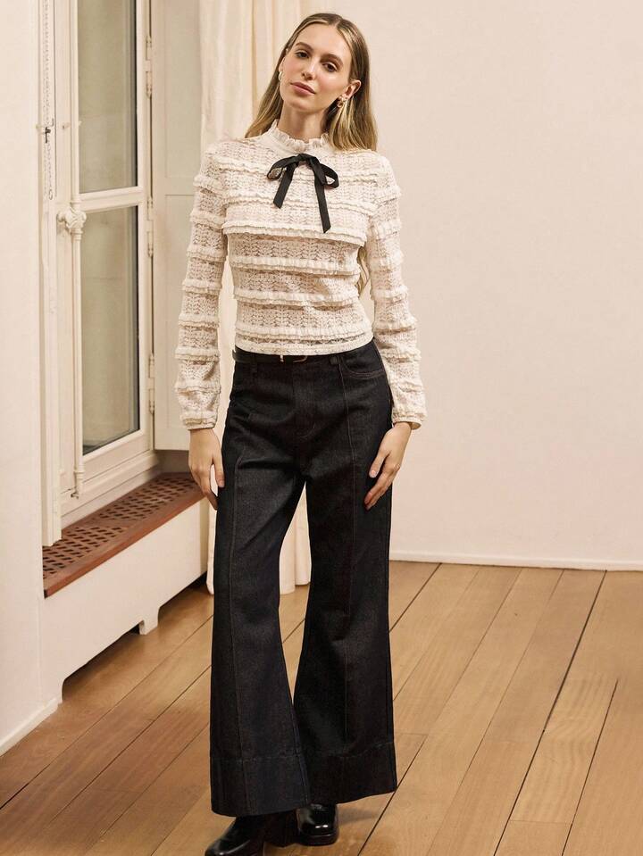 CM-TS275196 Women Elegant Seoul Style Stand Collar Long Sleeve Contrast Black Tie Ruffled Lace Top - Beige