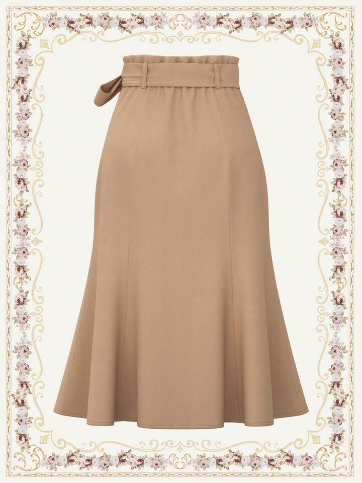 CM-BS221728 Women Casual Seoul Style Double-Breasted Bow Waist Belt Mermaid Skirt - Khaki