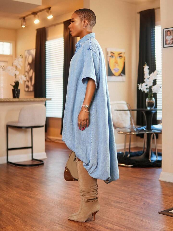 CM-DS896750 Women Casual Seoul Style Collar Neckline Short Sleeve Asymmetrical Denim Dress - Blue