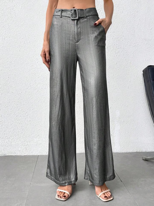 CM-BS973333 Women Casual Seoul Style High Wiaist Metallic Straight Leg Pants - Gray
