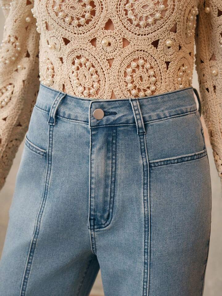 CM-BS068890 Women Casual Seoul Style Bell Bottom High Waist Flare Leg Jeans - Blue