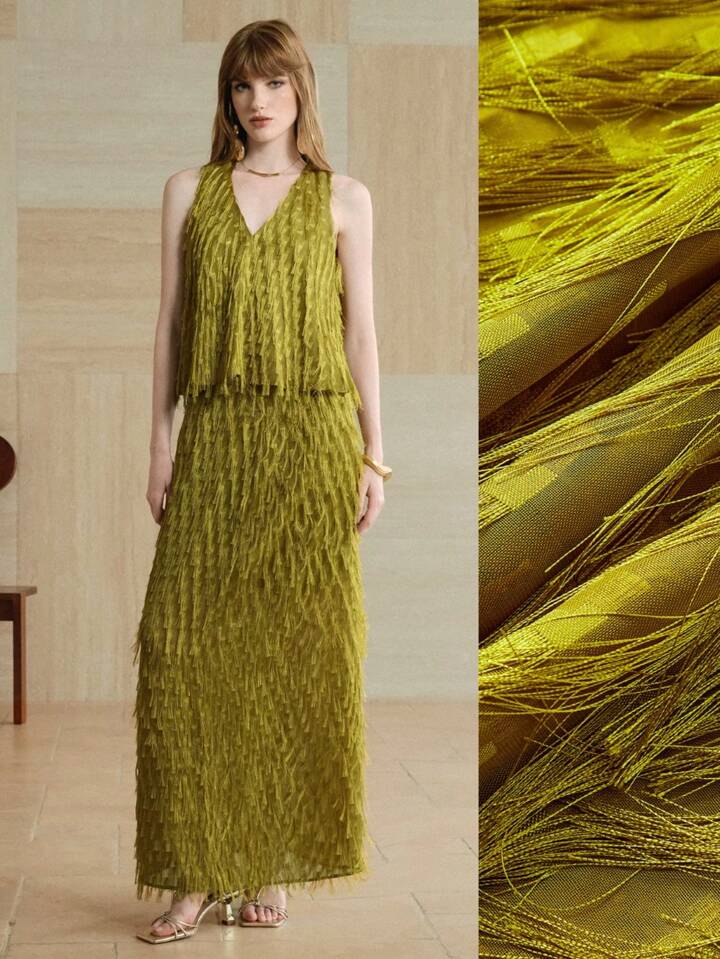 CM-SS374710 Women Trendy Bohemian Style Tassel Jacquard Fringed V-Neck Sleeveless Top With A-Line Mini Skirt - Set